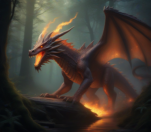 un dragon avec des flammes qui sortent de sa gueule dans une foret luxuriante