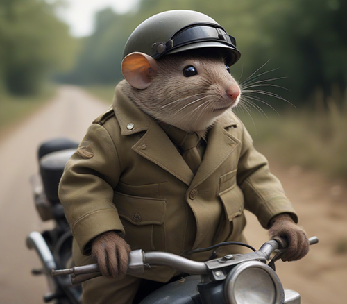 Une souris avec des vêtements militaires sur une moto des années 40, sur une route de campagne.