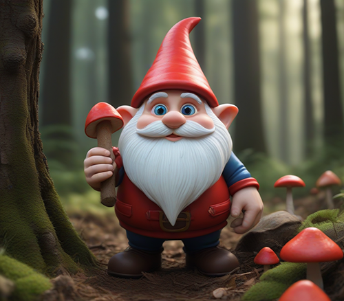 Un gnome avec de gros yeux et un gros nez dans une foret avec de gros champignons rouges géants autour de lui. 