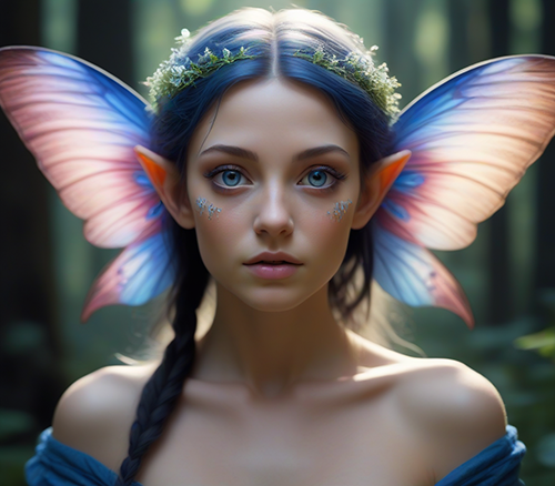 Une Elf, les cheveux bleu,  avec de beaux yeux et longues  oreilles pointus et des papillons multicolores  dans les cheveux,  dans une foret luxuriante. 
