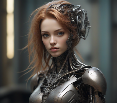 Femme robot metal rouillé, milieu de la vingtaine.