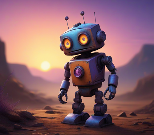 Illustration of a cute rusty robot. high contrast, digital painting, sunset, background - soft gradient, blue, purple, orange